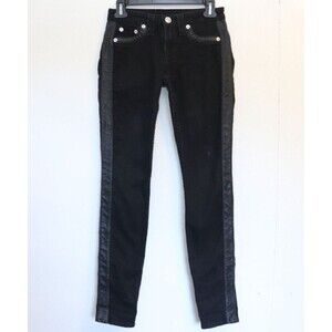 True Religion Womens Jeans‎ Size 25 Black Denim Legging Pants Leather Contrast